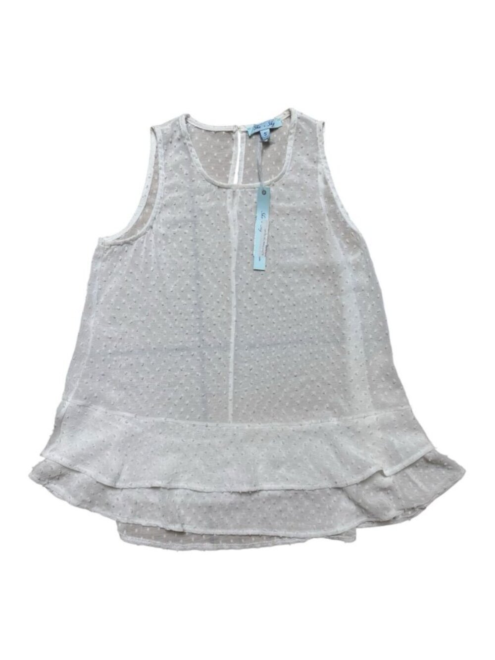She + Sky Swiss Dot Sleeveless Ruffle Hem Blouse White Small NWT